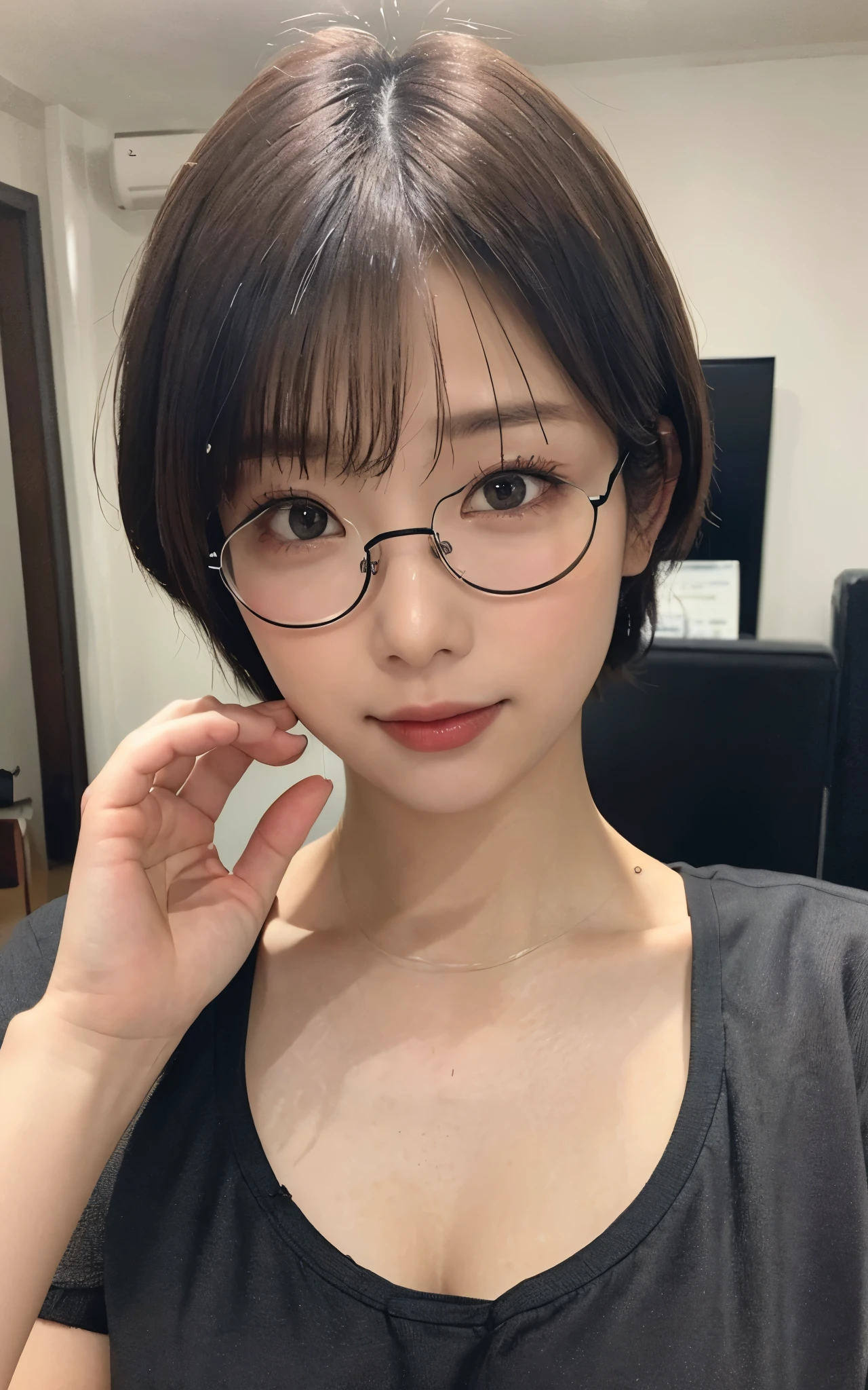 masutepiece, Best Quality, Illustration, Ultra-detailed, finely detail, high resolution, 8K Wallpaper, Perfect dynamic composition, a bit chubby:0.3, 1 beautiful girl, glasses, ((close up:1.3, looking at viewer)), Beautiful detailed eyes, (wearing black t-shirts, short bob-hair, color base on white black),