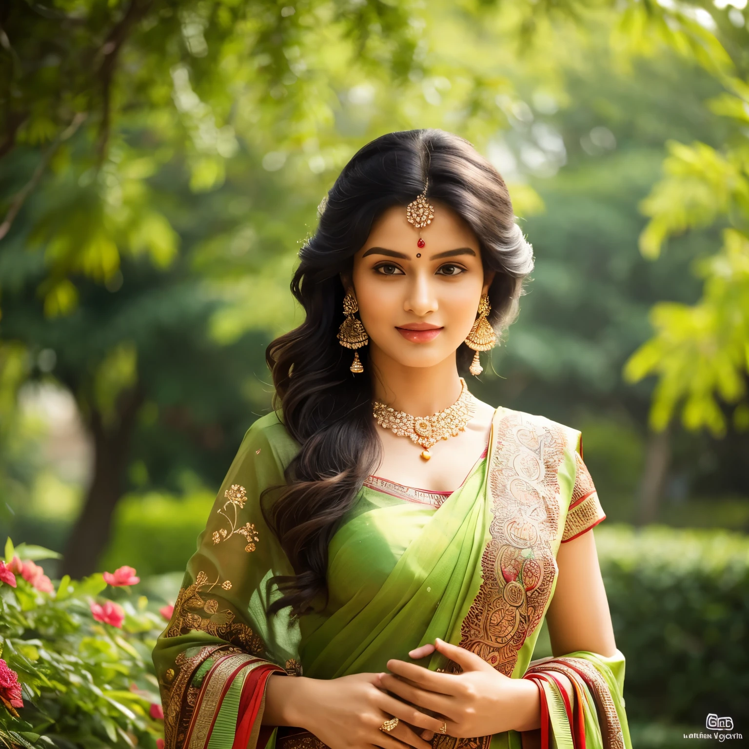 Long, jet black, curly and wavy hair,black eyes, brown skin, in a ponytail, traditional Indian saree, vibrant colors, intricate patterns, elegant folds, delicate embroidery, silver jewelry, dangling earrings, intricate bangles, mehndi designs on hands, ornate bindi on forehead, confident and graceful posture, standing in a blooming garden, surrounded by colorful flowers, lush green grass, tall swaying trees, warm sunlight filtering through the leaves, soft breeze gently rustling the saree, serene and peaceful atmosphere, capturing the essence of Indian culture and beauty, high-res painting with ultra-detailed features, vivid colors with rich contrast, realistic portrayal of facial expressions, capturing the vibrant hues of the saree, soft natural lighting highlighting the elegant features, creating a mesmerizing and captivating masterpiece.