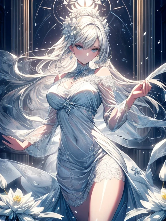 Paradise in Heaven, White lighting,(masutepiece), (Best Quality), (Cinematic), 8K, (art  stations), Li Yue painting style.(長いWhite hairとSilvery eyesを持つ1人の女), (Beautiful delicate face)、[ Particle Lou Full Moon] [Frozen trees々] [landscape crystal] [Lighting] [Ethereal Atmosphere]:1.1] [Fantasy, short story] [soft Lighting] [+Cinematic shot]:1.2 [+art  stations] [+luminous white background] [+soft Lighting] [soft glow] [Creative and dynamic angles]:1.3, [+Crystal Toning] 、masutepiece, ighly detailed, Ultra-detailed, Solo, (pale skin), Silvery eyes, White hair, (snowy background), (snowflake rosen flower:1.0), (shining crystal),, (Snowy ground), (White lashes), Female sexy、dreamy and detailed, Gorgeous setting, 妖しい雰囲気 masutepiece, The most beautiful scenes, An majestic、(((full of white flowers)))、quiet and serene atmosphere、A charming, all white tones,Inside the crystal library,Transparent flowers and falling snow，Many white roses are planted,(flowingwater,falls,water bloom),The decoration is also carefully done.,Dreamy（ighly detailedです，Creative Design，crisp and precise lines，K HD，best qualtiy，tmasterpiece，超hight resolution，4K）、Diverse poses、((beautiful white flower hair ornament))、Beautiful hairstyle、(Best Quality, 4K, 8K, hight resolution, masutepiece:1.2), Ultra-detailed, Detailed expression, Graceful posture, expressive brush strokes, mystic atmosphere, artistic interpretation,Delicate floral jewelry， (((Detailed design、Beautiful lace translucent dress、see-through small dress)))、(SFW:1.5), (Oversized breasts, best body proportions, proportions of large breasts,:1.5),(white decoration on thigh)、((Beautiful crystal accessories on the legs))。((Beautiful crystal accessories on the arm))、(((Design with a wide open chest)))