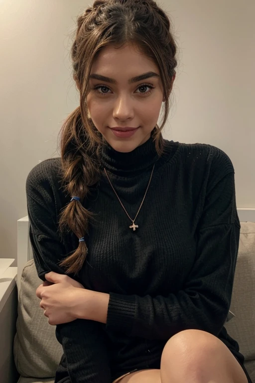 une femme aux cheveux bruns ,:: ,:: madison beer, streaming, pigtail, photoréaliste - h 6 4 0, 🎀 🧟 🍓 🧚, tu vois, live2d, ressemble à laura barriales, —ar 16:9, Sam Nassour, 5 0 s, incroyablement mignon,plan de la tête au pied , sourcils droits, avec un grand sourire, elle porte une long manteau