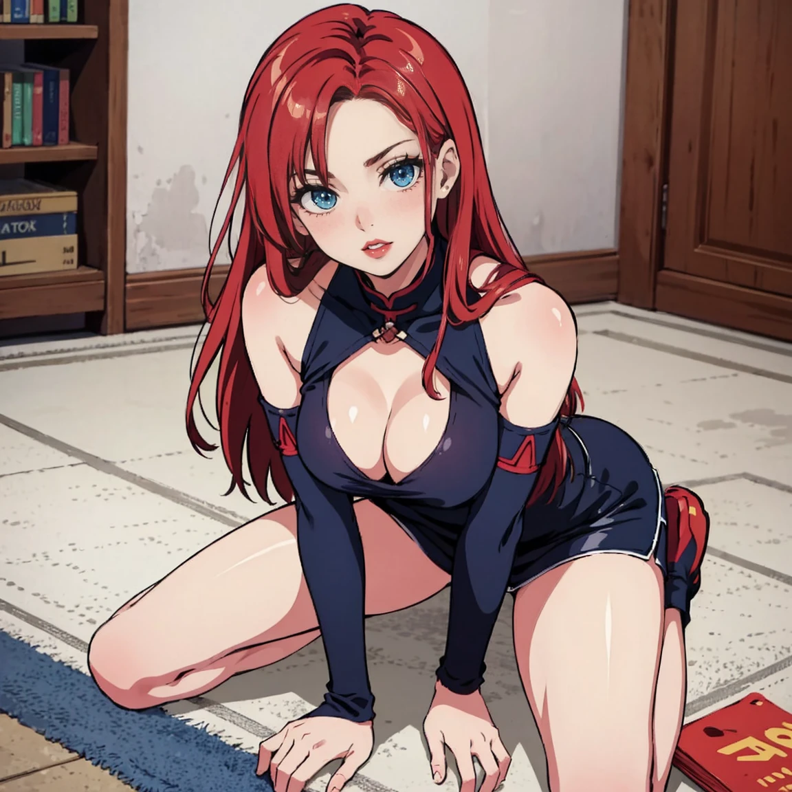 There is a sexy redhead kneeling on the floor looking at the viewer,red lips,blue eyes,one hand on her breast and the other hand between her legs,strong colors,Masterpiece,altamente detalhado,VAMPIRE