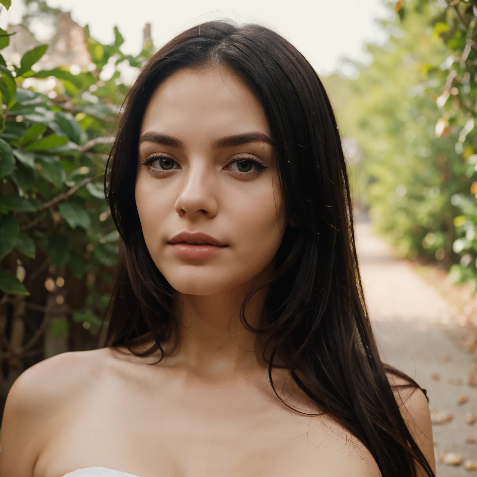 woman, white skin, green eyes, red and black hair like ombre, lip structure that is not too thin or too thick