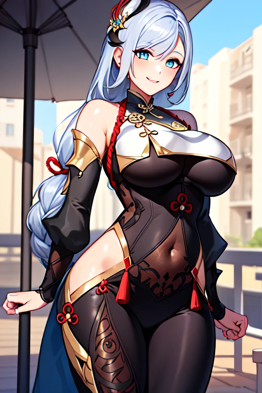 (best quality:1.2), 1girl, (masterpiece:1.2), (semi-realistic:1.2), raytracing, ultra detailed,detailed face, 8k wallpaper, wide hips, ShenHeGenshin_NDV, 1girl, grey hair, large breasts, long hair, blue eyes, braided ponytail, bodysuit, gloves,  smile, outdoor