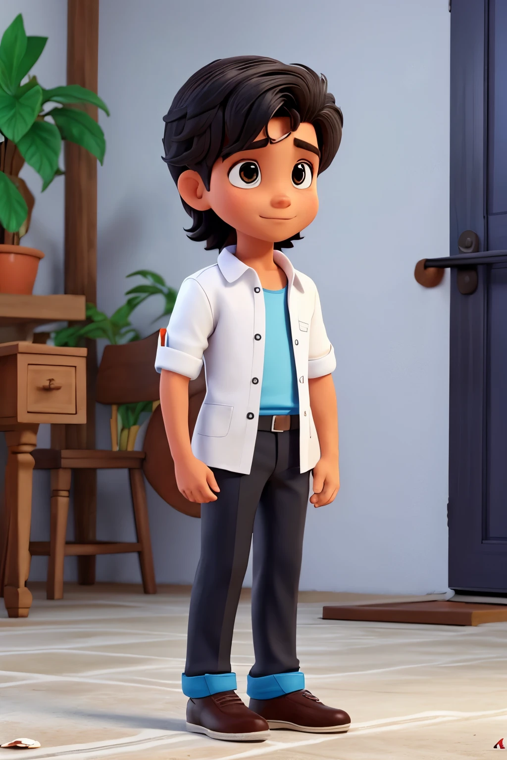 um garoto branco, de cabelo vermelho, sapato branco, black pant, camisa azul, olhando para o lado