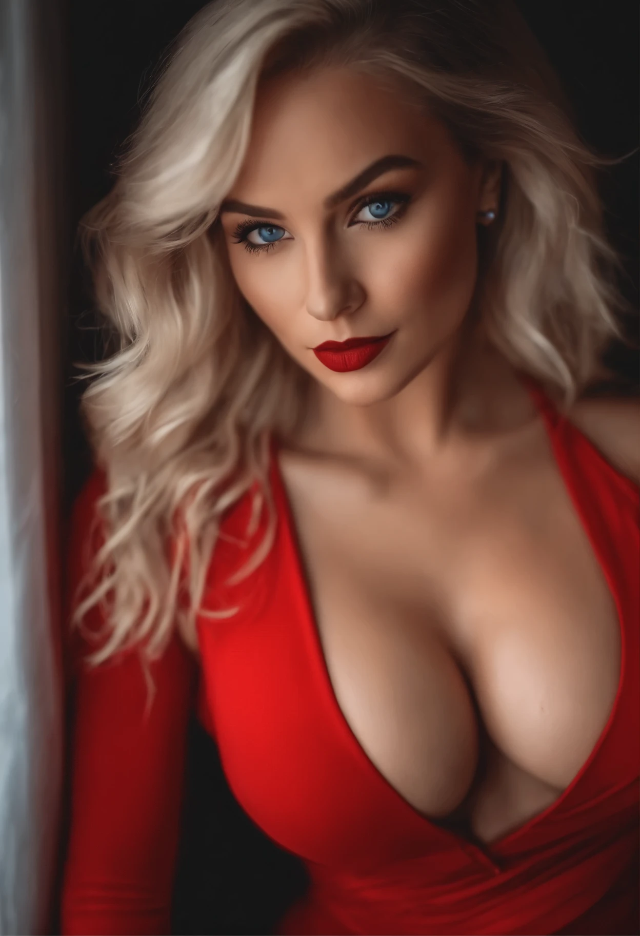 realistic white female instagram influencer, best quality, blonde, 1 girl, blue eyes, in red tight short dress, massive breasts, cleavage