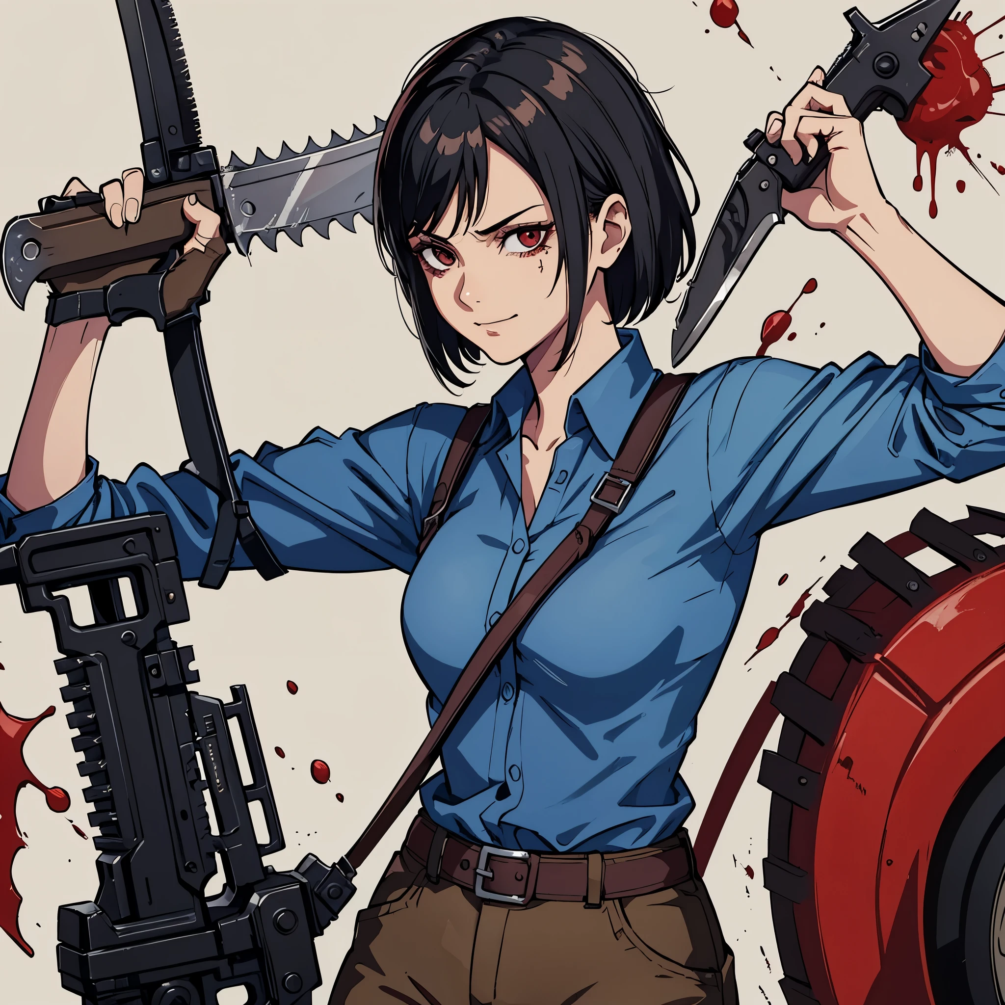 cowboy shot,1girl,solo,female ash williams from evil dead,holding a chainsaw, holding a shotgun,bloody face,smirking,short hair,black hair, alone, action pose, wearing blue shirt,long sleeves,brown long pants,scar on face,beautiful, ripped shirt, red bra, ripped pants, red panties,full body,