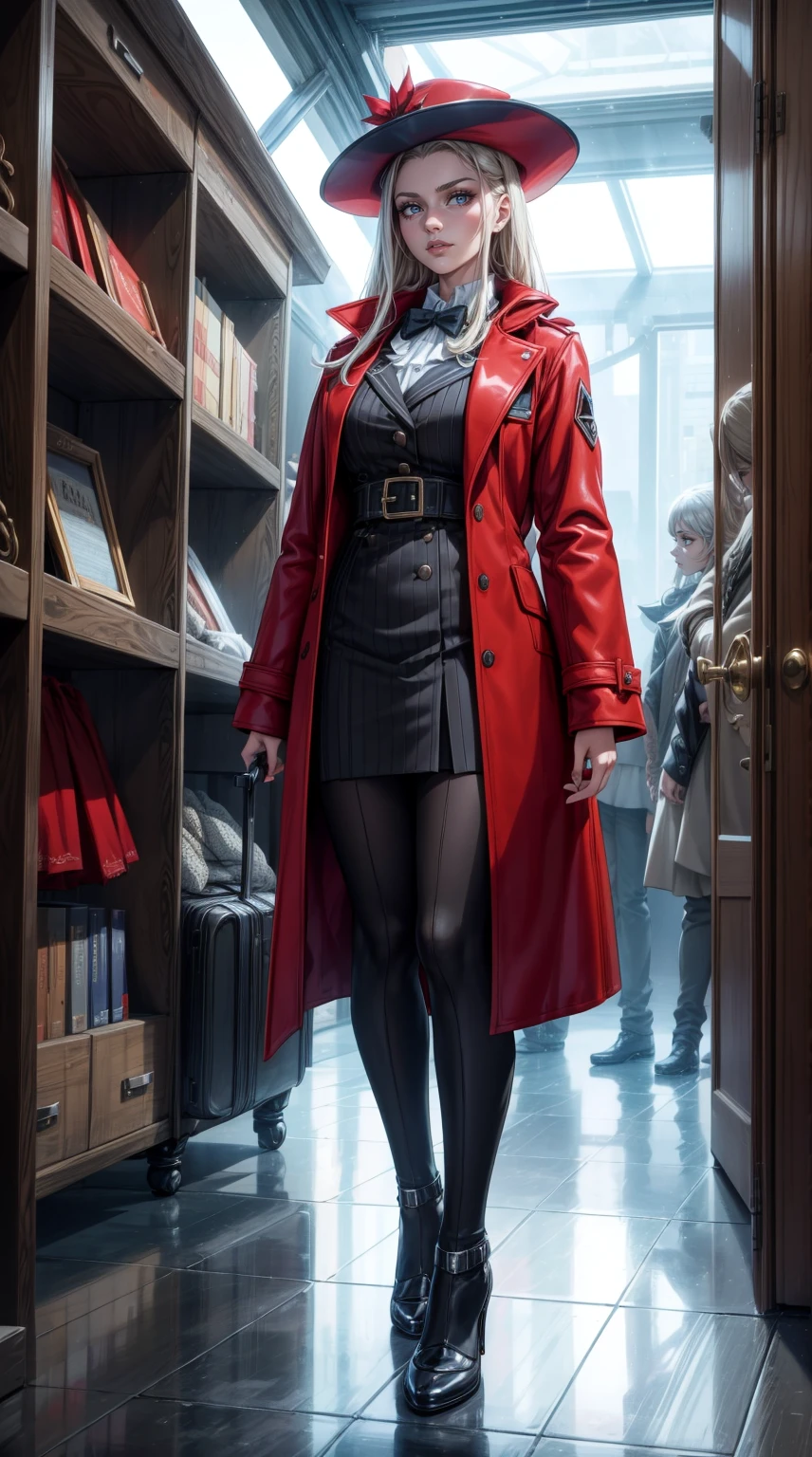 araffe girl dressed in a red coat and hat with a suitcase, thom browne, 2 0 2 0 fashion, dressed in expensive clothes, inspired by Karel Dujardin, wearing louis vuitton armor, brutalist fashion show, a hyper realistic, full body black and red longcoat, inspired by Carles Delclaux Is, full-figure, photorealistic, indirect lighting, volumetric light, ray tracing, hyper-detailed, best quality, ultra-high resolution, HDR, (8k, Best Quality, Masterpiece:1.2), Ultra Detail, RAW Photo, Super Resolution, Professional Photo, Extremely Detailed and Beautiful,