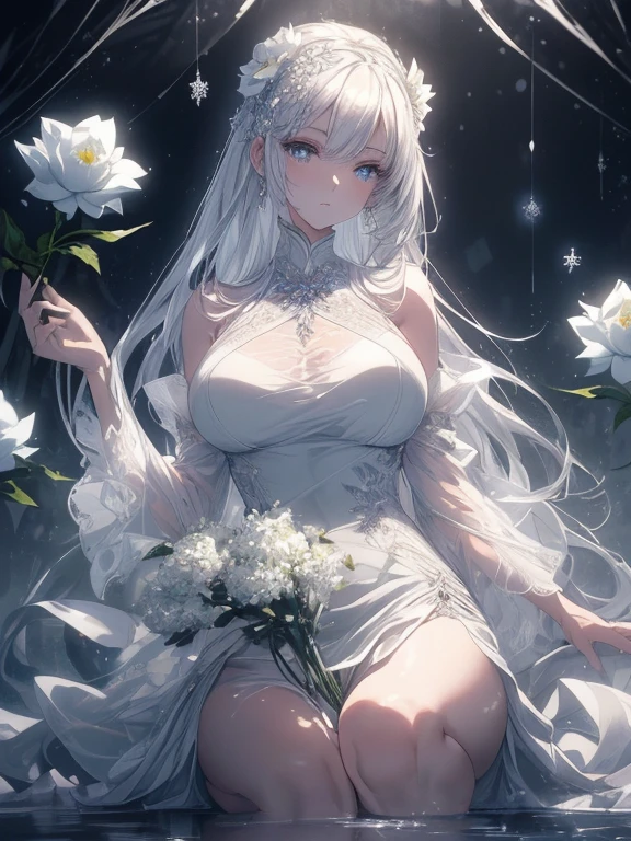 Paradise in Heaven, White lighting,(masutepiece), (Best Quality), (Cinematic), 8K, (art  stations), Li Yue painting style.(長いWhite hairとSilvery eyesを持つ1人の女), (Beautiful delicate face)、[ Particle Lou Full Moon] [Frozen trees々] [landscape crystal] [Lighting] [Ethereal Atmosphere]:1.1] [Fantasy, short story] [soft Lighting] [+Cinematic shot]:1.2 [+art  stations] [+luminous white background] [+soft Lighting] [soft glow] [Creative and dynamic angles]:1.3, [+Crystal Toning] 、masutepiece, ighly detailed, Ultra-detailed, Solo, (pale skin), Silvery eyes, White hair, (snowy background), (snowflake rosen flower:1.0), (shining crystal),, (Snowy ground), (White lashes), Female sexy、dreamy and detailed, Gorgeous setting, 妖しい雰囲気 masutepiece, The most beautiful scenes, An majestic、(((full of white flowers)))、quiet and serene atmosphere、A charming, all white tones,Inside the crystal library,Transparent flowers and falling snow，Many white roses are planted,(flowingwater,falls,water bloom),The decoration is also carefully done.,Dreamy（ighly detailedです，Creative Design，crisp and precise lines，K HD，best qualtiy，tmasterpiece，超hight resolution，4K）、Diverse poses、((beautiful white flower hair ornament))、Beautiful hairstyle、(Best Quality, 4K, 8K, hight resolution, masutepiece:1.2), Ultra-detailed, Detailed expression, Graceful posture, expressive brush strokes, mystic atmosphere, artistic interpretation,Delicate floral jewelry， (((Detailed design、Beautiful lace translucent dress、see-through small dress)))、(SFW:1.5), (Oversized breasts, best body proportions, proportions of large breasts,:1.5),(white decoration on thigh)、((Beautiful crystal accessories on the legs))。((Beautiful crystal accessories on the arm))、(((Design with a wide open chest)))