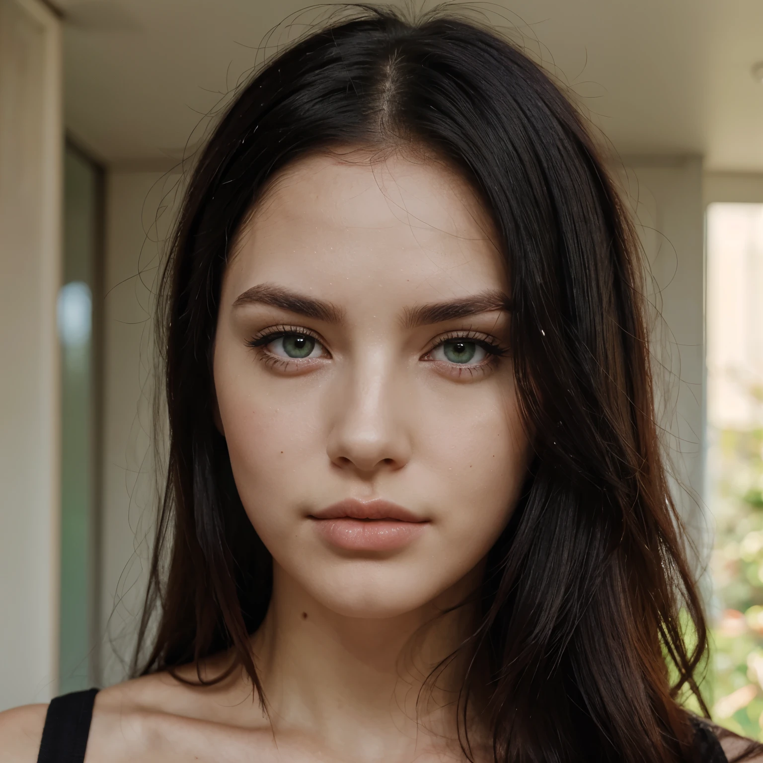 woman, white skin, green eyes, red and black hair like ombre, lip structure that is not too thin or too thick