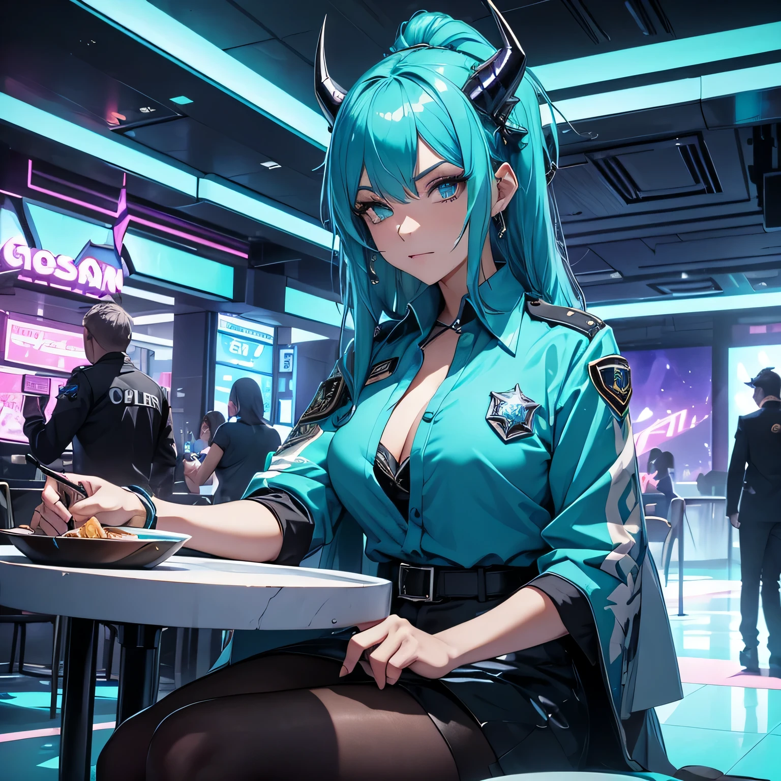 A mature crystal half-dragon adult female with blue crystal horns, her long, messy blue-green hair falling around her face, e olhos turquesa brilhantes, sits with a sweet expression. She is dressed in a police officer costume with her badge on the left side of her chest. She is wearing a light blue shirt and a black skirt. Ela se empoleira sedutoramente na beirada de uma mesa de festa. The scene takes place in a vibrant cyberpunk party setting, pulsando com luzes neon e elementos futuristas