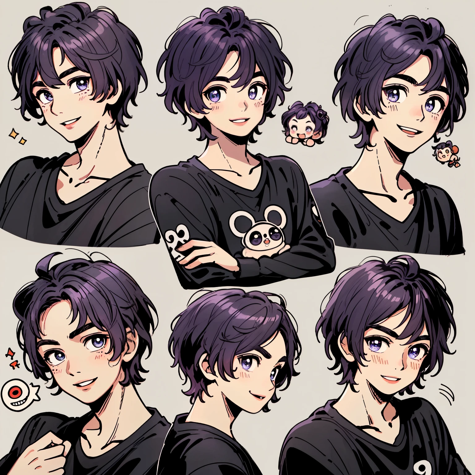 (best quality,8k,high-res,masterpiece:1.2),a handsome man with short hair wearing a purple t-shirt,Disney style,expressive eyes with purple details and beautiful detailed lips,various emotions and expressions,9 degrees,9 sets of emojis,9 poses and expressions,happy, cheerful, smiling