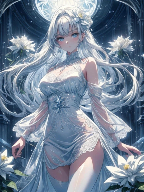 Paradise in Heaven, White lighting,(masutepiece), (Best Quality), (Cinematic), 8K, (art  stations), Li Yue painting style.(長いWhite hairとSilvery eyesを持つ1人の女), (Beautiful delicate face)、[ Particle Lou Full Moon] [Frozen trees々] [landscape crystal] [Lighting] [Ethereal Atmosphere]:1.1] [Fantasy, short story] [soft Lighting] [+Cinematic shot]:1.2 [+art  stations] [+luminous white background] [+soft Lighting] [soft glow] [Creative and dynamic angles]:1.3, [+Crystal Toning] 、masutepiece, ighly detailed, Ultra-detailed, Solo, (pale skin), Silvery eyes, White hair, (snowy background), (snowflake rosen flower:1.0), (shining crystal),, (Snowy ground), (White lashes), Female sexy、dreamy and detailed, Gorgeous setting, 妖しい雰囲気 masutepiece, The most beautiful scenes, An majestic、(((full of white flowers)))、quiet and serene atmosphere、A charming, all white tones,Inside the crystal library,Transparent flowers and falling snow，Many white roses are planted,(flowingwater,falls,water bloom),The decoration is also carefully done.,Dreamy（ighly detailedです，Creative Design，crisp and precise lines，K HD，best qualtiy，tmasterpiece，超hight resolution，4K）、Diverse poses、((beautiful white flower hair ornament))、Beautiful hairstyle、(Best Quality, 4K, 8K, hight resolution, masutepiece:1.2), Ultra-detailed, Detailed expression, Graceful posture, expressive brush strokes, mystic atmosphere, artistic interpretation,Delicate floral jewelry， (((Detailed design、Beautiful lace translucent dress、see-through small dress)))、(SFW:1.5), (Oversized breasts, best body proportions, proportions of large breasts,:1.5),(white decoration on thigh)、((Beautiful crystal accessories on the legs))。((Beautiful crystal accessories on the arm))、(((Design with a wide open chest)))