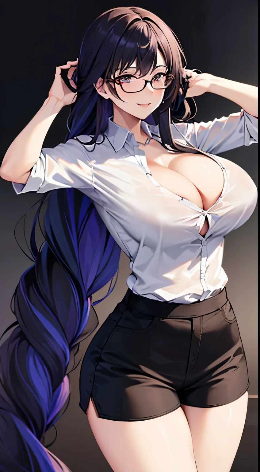 1 milf, long hair, very big breasts, very sexy body, smiling, wearing a white shirt and black shorts, wearing glasses