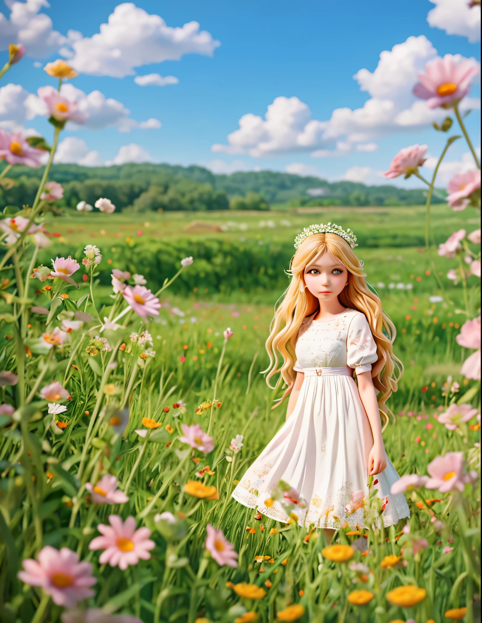 A young and dreamy photographer finds herself alone in a magical and idyllic field of flowers, wearing a delicate vintage white lace dress. She holds up her old analog camera and observes the beauty around her through the lens, with an expression of calm contemplation. His gaze is soft but at the same time intense, as if he is witnessing and capturing glimpses of worlds beyond this one. Her long blonde hair waves in the wind, subtly framing her beautiful face while wildflowers adorn her head like a crown. The surrounding atmosphere is ethereal and diffuse, almost dreamlike. This photograph in an enchanted reality merges into a meditative state of artistic creation.