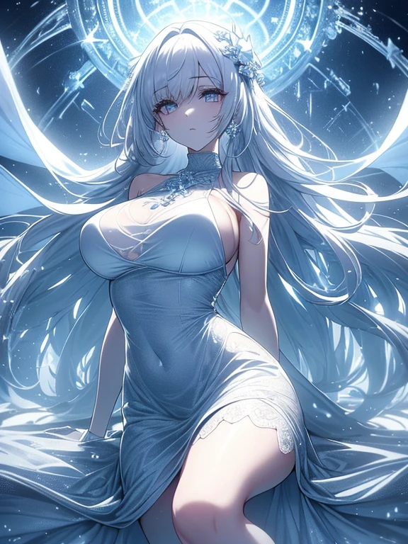 Paradise in Heaven, White lighting,(masutepiece), (Best Quality), (Cinematic), 8K, (art  stations), Li Yue painting style.(長いWhite hairとSilvery eyesを持つ1人の女), (Beautiful delicate face)、[ Particle Lou Full Moon] [Frozen trees々] [landscape crystal] [Lighting] [Ethereal Atmosphere]:1.1] [Fantasy, short story] [soft Lighting] [+Cinematic shot]:1.2 [+art  stations] [+luminous white background] [+soft Lighting] [soft glow] [Creative and dynamic angles]:1.3, [+Crystal Toning] 、masutepiece, ighly detailed, Ultra-detailed, Solo, (pale skin), Silvery eyes, White hair, (snowy background), (snowflake rosen flower:1.0), (shining crystal),, (Snowy ground), (White lashes), Female sexy、dreamy and detailed, Gorgeous setting, 妖しい雰囲気 masutepiece, The most beautiful scenes, An majestic、(((full of white flowers)))、quiet and serene atmosphere、A charming, all white tones,Inside the crystal library,Transparent flowers and falling snow，Many white roses are planted,(flowingwater,falls,water bloom),The decoration is also carefully done.,Dreamy（ighly detailedです，Creative Design，crisp and precise lines，K HD，best qualtiy，tmasterpiece，超hight resolution，4K）、Diverse poses、((beautiful white flower hair ornament))、Beautiful hairstyle、(Best Quality, 4K, 8K, hight resolution, masutepiece:1.2), Ultra-detailed, Detailed expression, Graceful posture, expressive brush strokes, mystic atmosphere, artistic interpretation,Delicate floral jewelry， (((Detailed design、Beautiful lace translucent dress、see-through small dress)))、(SFW:1.5), (Oversized breasts, best body proportions, proportions of large breasts,:1.5),(white decoration on thigh)、((Beautiful crystal accessories on the legs))。((Beautiful crystal accessories on the arm))、(((Design with a wide open chest)))