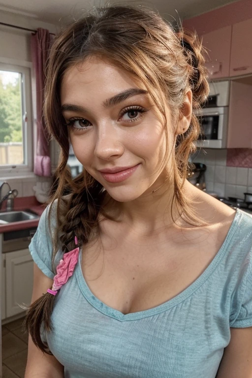 une femme aux cheveux bruns ,:: ,:: madison beer, streaming, pigtail, photoréaliste - h 6 4 0, 🎀 🧟 🍓 🧚, tu vois, live2d, ressemble à laura barriales, —ar 16:9, Sam Nassour, 5 0 s, incroyablement mignon,plan de la tête au pied , sourcils droits, avec un grand sourire, elle porte une longue robe rouge de couleur bleu et gris ciel , en Australie