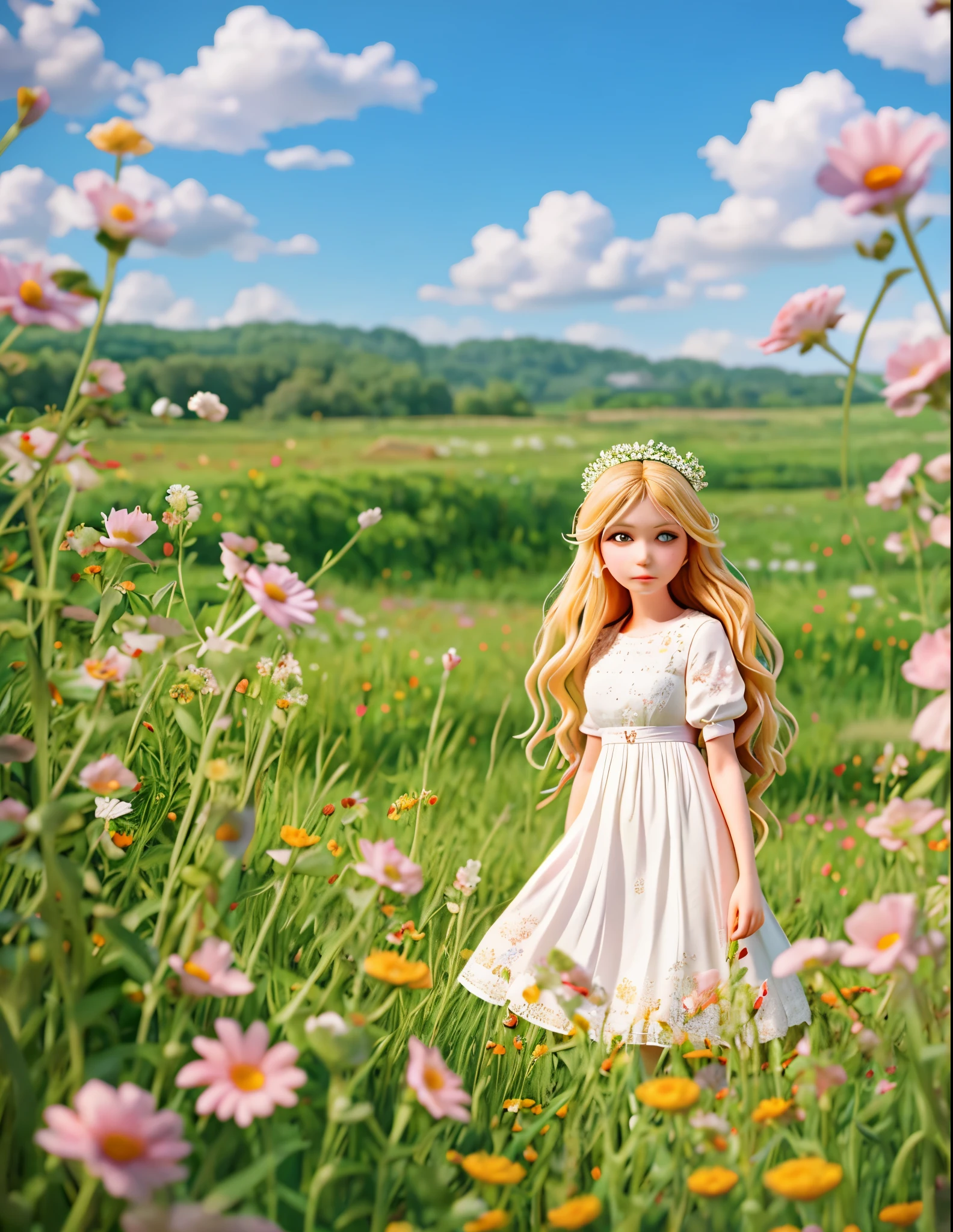 A young and dreamy photographer finds herself alone in a magical and idyllic field of flowers, wearing a delicate vintage white lace dress. She holds up her old analog camera and observes the beauty around her through the lens, with an expression of calm contemplation. His gaze is soft but at the same time intense, as if he is witnessing and capturing glimpses of worlds beyond this one. Her long blonde hair waves in the wind, subtly framing her beautiful face while wildflowers adorn her head like a crown. The surrounding atmosphere is ethereal and diffuse, almost dreamlike. This photograph in an enchanted reality merges into a meditative state of artistic creation.