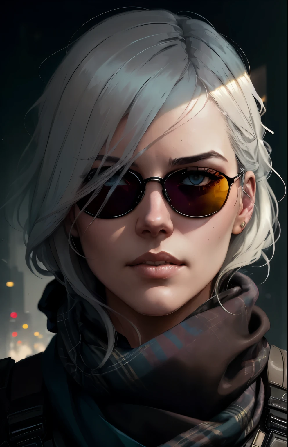 (dark shot:1.1), epic realistic, portrait of halo, sunglasses, blue eyes, tartan scarf, white hair by atey ghailan, by greg rutkowski, by greg tocchini, by james gilleard, by joe fenton, by kaethe butcher, gradient yellow, black, brown and magenta color scheme, grunge aesthetic!!! graffiti tag wall background, art by greg rutkowski and artgerm, soft cinematic light, adobe lightroom, photolab, hdr, intricate, highly detailed, (depth of field:1.4), faded, (neutral colors:1.2), (hdr:1.4), (muted colors:1.2), hyperdetailed, (artstation:1.4), cinematic, warm lights, dramatic light, (intricate details:1.1), complex background, (rutkowski:0.66), (teal and orange:0.4)