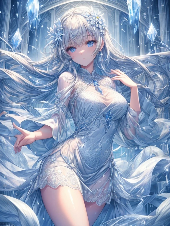 Paradise in Heaven, White lighting,(masutepiece), (Best Quality), (Cinematic), 8K, (art  stations), Li Yue painting style.(長いWhite hairとSilvery eyesを持つ1人の女), (Beautiful delicate face)、[ Particle Lou Full Moon] [Frozen trees々] [landscape crystal] [Lighting] [Ethereal Atmosphere]:1.1] [Fantasy, short story] [soft Lighting] [+Cinematic shot]:1.2 [+art  stations] [+luminous white background] [+soft Lighting] [soft glow] [Creative and dynamic angles]:1.3, [+Crystal Toning] 、masutepiece, ighly detailed, Ultra-detailed, Solo, (pale skin), Silvery eyes, White hair, (snowy background), (snowflake rosen flower:1.0), (shining crystal),, (Snowy ground), (White lashes), Female sexy、dreamy and detailed, Gorgeous setting, 妖しい雰囲気 masutepiece, The most beautiful scenes, An majestic、(((full of white flowers)))、quiet and serene atmosphere、A charming, all white tones,Inside the crystal library,Transparent flowers and falling snow，Many white roses are planted,(flowingwater,falls,water bloom),The decoration is also carefully done.,Dreamy（ighly detailedです，Creative Design，crisp and precise lines，K HD，best qualtiy，tmasterpiece，超hight resolution，4K）、Diverse poses、((beautiful white flower hair ornament))、Beautiful hairstyle、(Best Quality, 4K, 8K, hight resolution, masutepiece:1.2), Ultra-detailed, Detailed expression, Graceful posture, expressive brush strokes, mystic atmosphere, artistic interpretation,Delicate floral jewelry， (((Detailed design、Beautiful lace translucent dress、see-through small dress)))、(SFW:1.5), (Oversized breasts, best body proportions, proportions of large breasts,:1.5),(white decoration on thigh)、((Beautiful crystal accessories on the legs))。((Beautiful crystal accessories on the arm))、(((Design with a wide open chest)))
