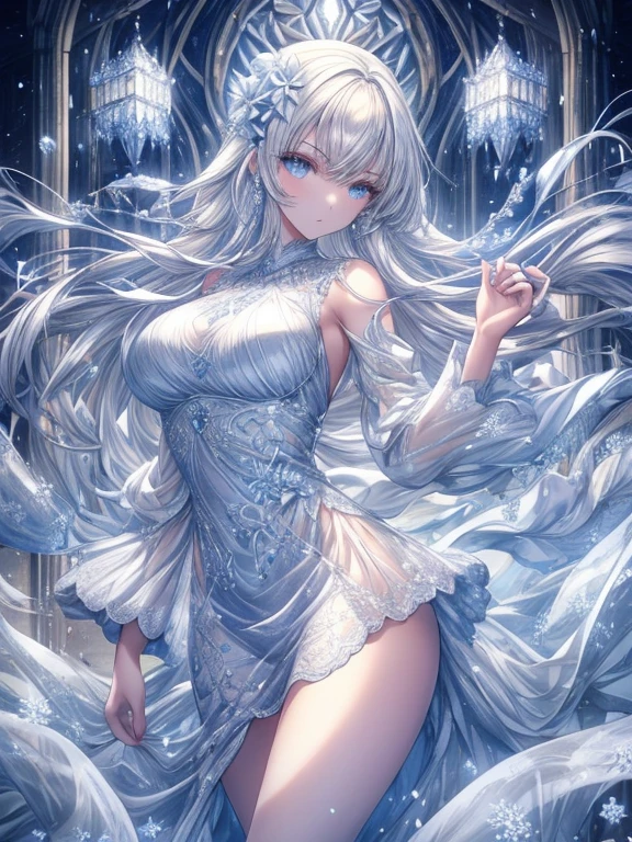 Paradise in Heaven, White lighting,(masutepiece), (Best Quality), (Cinematic), 8K, (art  stations), Li Yue painting style.(長いWhite hairとSilvery eyesを持つ1人の女), (Beautiful delicate face)、[ Particle Lou Full Moon] [Frozen trees々] [landscape crystal] [Lighting] [Ethereal Atmosphere]:1.1] [Fantasy, short story] [soft Lighting] [+Cinematic shot]:1.2 [+art  stations] [+luminous white background] [+soft Lighting] [soft glow] [Creative and dynamic angles]:1.3, [+Crystal Toning] 、masutepiece, ighly detailed, Ultra-detailed, Solo, (pale skin), Silvery eyes, White hair, (snowy background), (snowflake rosen flower:1.0), (shining crystal),, (Snowy ground), (White lashes), Female sexy、dreamy and detailed, Gorgeous setting, 妖しい雰囲気 masutepiece, The most beautiful scenes, An majestic、(((full of white flowers)))、quiet and serene atmosphere、A charming, all white tones,Inside the crystal library,Transparent flowers and falling snow，Many white roses are planted,(flowingwater,falls,water bloom),The decoration is also carefully done.,Dreamy（ighly detailedです，Creative Design，crisp and precise lines，K HD，best qualtiy，tmasterpiece，超hight resolution，4K）、Diverse poses、((beautiful white flower hair ornament))、Beautiful hairstyle、(Best Quality, 4K, 8K, hight resolution, masutepiece:1.2), Ultra-detailed, Detailed expression, Graceful posture, expressive brush strokes, mystic atmosphere, artistic interpretation,Delicate floral jewelry， (((Detailed design、Beautiful lace translucent dress、see-through small dress)))、(SFW:1.5), (Oversized breasts, best body proportions, proportions of large breasts,:1.5),(white decoration on thigh)、((Beautiful crystal accessories on the legs))。((Beautiful crystal accessories on the arm))、(((Design with a wide open chest)))