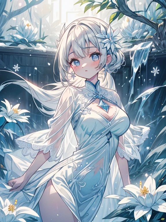 Paradise in Heaven, White lighting,(masutepiece), (Best Quality), (Cinematic), 8K, (art  stations), Li Yue painting style.(長いWhite hairとSilvery eyesを持つ1人の女), (Beautiful delicate face)、[ Particle Lou Full Moon] [Frozen trees々] [landscape crystal] [Lighting] [Ethereal Atmosphere]:1.1] [Fantasy, short story] [soft Lighting] [+Cinematic shot]:1.2 [+art  stations] [+luminous white background] [+soft Lighting] [soft glow] [Creative and dynamic angles]:1.3, [+Crystal Toning] 、masutepiece, ighly detailed, Ultra-detailed, Solo, (pale skin), Silvery eyes, White hair, (snowy background), (snowflake rosen flower:1.0), (shining crystal),, (Snowy ground), (White lashes), Female sexy、dreamy and detailed, Gorgeous setting, 妖しい雰囲気 masutepiece, The most beautiful scenes, An majestic、(((full of white flowers)))、quiet and serene atmosphere、A charming, all white tones,Inside the crystal library,Transparent flowers and falling snow，Many white roses are planted,(flowingwater,falls,water bloom),The decoration is also carefully done.,Dreamy（ighly detailedです，Creative Design，crisp and precise lines，K HD，best qualtiy，tmasterpiece，超hight resolution，4K）、Diverse poses、((beautiful white flower hair ornament))、Beautiful hairstyle、(Best Quality, 4K, 8K, hight resolution, masutepiece:1.2), Ultra-detailed, Detailed expression, Graceful posture, expressive brush strokes, mystic atmosphere, artistic interpretation,Delicate floral jewelry， (((Detailed design、Beautiful lace translucent dress、see-through small dress)))、(SFW:1.5), (Oversized breasts, best body proportions, proportions of large breasts,:1.5),(white decoration on thigh)、((Beautiful crystal accessories on the legs))。((Beautiful crystal accessories on the arm))、(((Design with a wide open chest)))