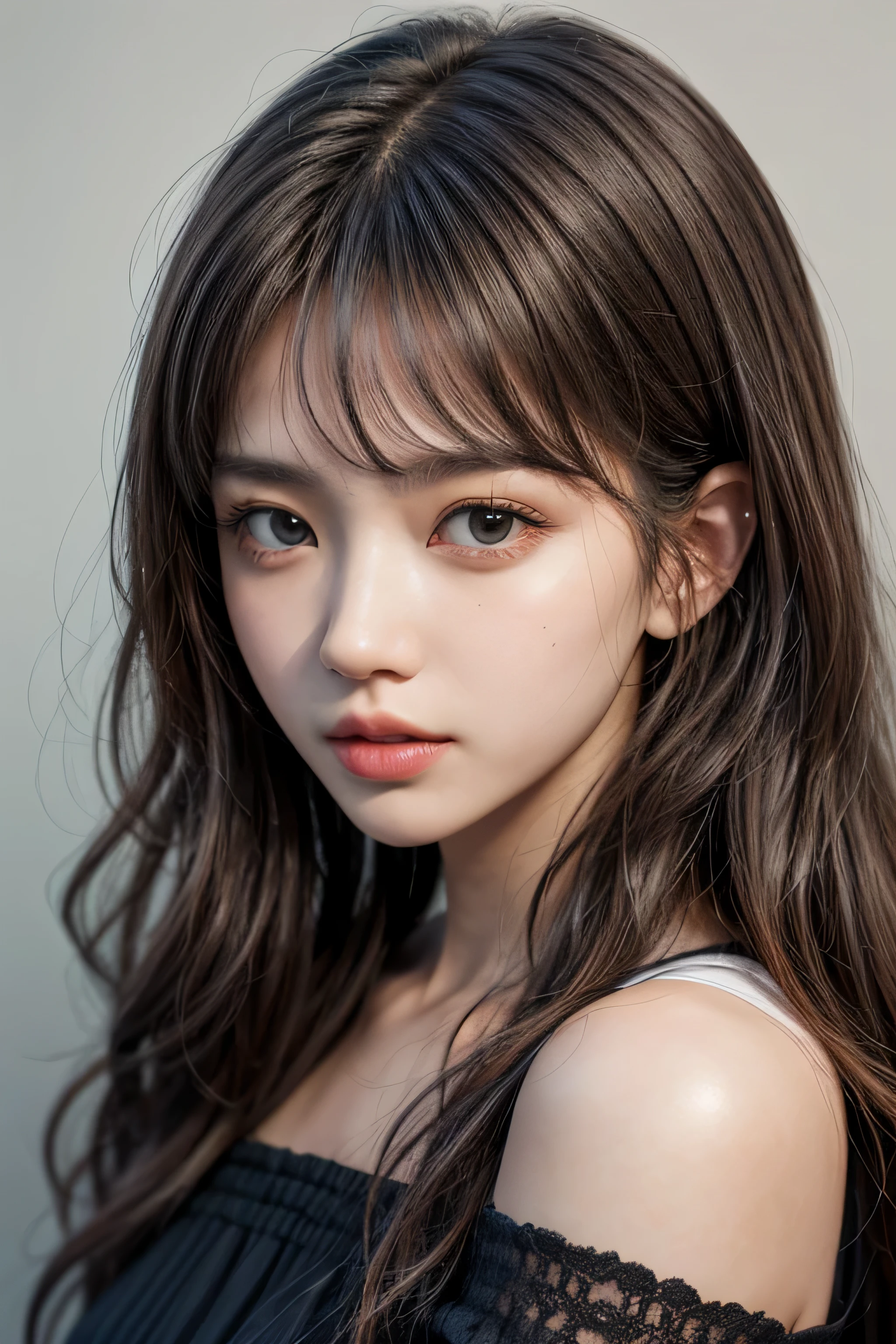 finely detail, hight resolution, in 8K、Brown hair,Photorealism, masutepiece, Wavy Hair, Open mouth, , Small bust, Highly detailed, off shoulders,1 girl