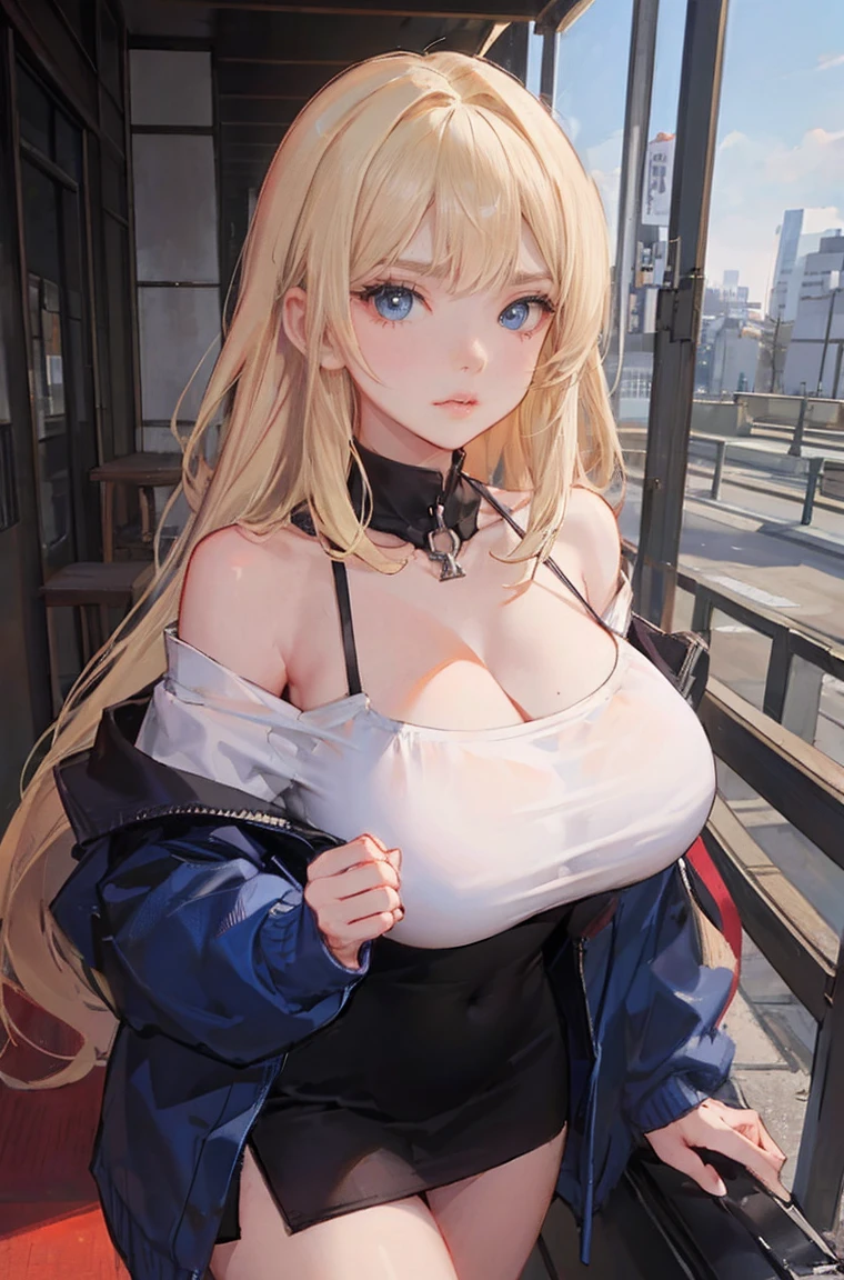 1girl, NSFW, master part, best quality, slender girl with Corpo da ampulheta and massive breasts, sozinho, Bonito, fofo, ((garota usa roupa moderna, Saia Curta, very Saia Curta, calcinha exposta, blusa off shoulder, blusa sexy)), clivagem, ((blond cabelos longos, cabelos loiros, cabelos longos, Indigo blue highlights)), - Indigo Blue Eyes, Olhos detalhados, Olhos bonitos, Olhos Delicados, ((Corpo da ampulheta, )), anatomia correta, membros corretos, ((massive breasts, seios grandes)), juicy lips, pouty lips, [Antecedentes detalhados (Tokyo City, Japan)]