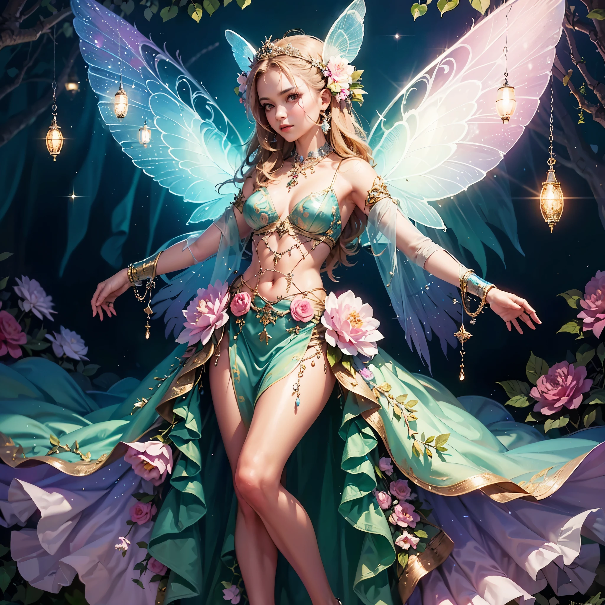 An elegant fairy with optical illusion wings flying in a forest of whimsical trees and beautiful flowers. Her wings are illuminating with tiny elegant lights and highly detailed. Elegant dainty colorful lighting that is whimsical optical illusion also Illuminated colorful sparkles that are highly detailed watercolor and illuminating. Add a creating aura effect. The overall color scheme is soft watercolor blending harmoniously on a white washed background., masterpiece, best quality:1.2),,(8k,highres,RAW photo,realistic,photo-realistic:1.3),(detailed skin texture,detailed cloth texture,beautiful detailed face:1.25),professional lighting,photon mapping,beautiful soft light,radiosity,physically-based rendering,raytracing, model shoot style, model shoot style, (extremely detailed CG unity 8k wallpaper), full shot body photo of the most beautiful artwork in the world,