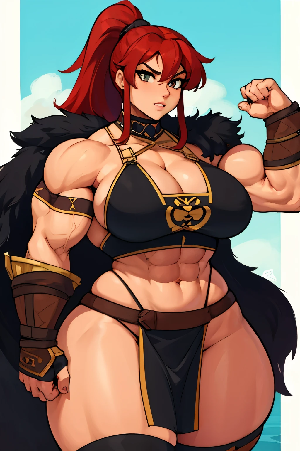 full color 8k,Female Barbarian,Chunky muscles,confident look,Red-haired ponytail,s Armor,cloaks,Shoulder pats,