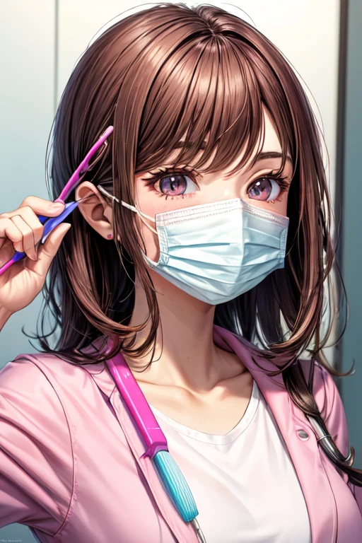 Dental Hygienist Pink lab coat I have a toothbrush Beautie Hair color is brown Pink mask mask pink