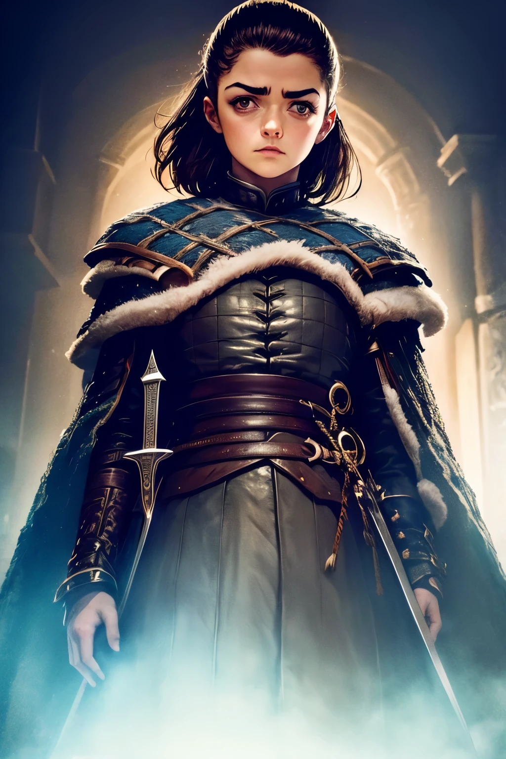 close-up portrait, Arte centrada, 1 girl, sozinho, ((sozinho)), (((only one character))),  ((( in dynamic combat pose)), (( segurando espada fina))) , esgrima, Rosto detalhado, Arya Stark in dynamic pose, cabelo preso, Rosto de Maisie Williams, rosto de Arya Stark, fantasia de arya stark, Roupas de Arya Stark, A Guerra dos Tronos,,  A Guerra dos Tronos, Gothic colors, climate of tension and terror, Adobe Illustration, trending on ArtStation, 8k, disco Rigido , master part, arte linda, detalhes intrincados.