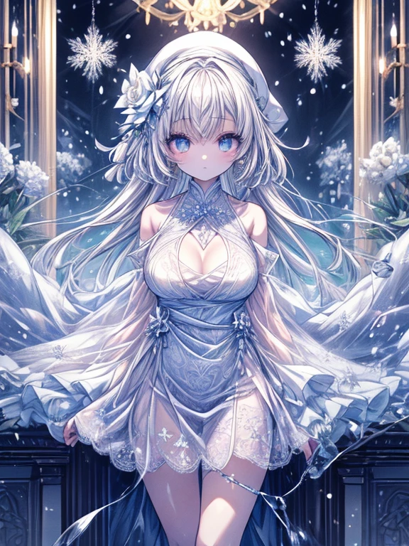 Paradise in Heaven, White lighting,(masutepiece), (Best Quality), (Cinematic), 8K, (art  stations), Li Yue painting style.(長いWhite hairとSilvery eyesを持つ1人の女), (Beautiful delicate face)、[ Particle Lou Full Moon] [Frozen trees々] [landscape crystal] [Lighting] [Ethereal Atmosphere]:1.1] [Fantasy, short story] [soft Lighting] [+Cinematic shot]:1.2 [+art  stations] [+luminous white background] [+soft Lighting] [soft glow] [Creative and dynamic angles]:1.3, [+Crystal Toning] 、masutepiece, ighly detailed, Ultra-detailed, Solo, (pale skin), Silvery eyes, White hair, (snowy background), (snowflake rosen flower:1.0), (shining crystal),, (Snowy ground), (White lashes), Female sexy、dreamy and detailed, Gorgeous setting, 妖しい雰囲気 masutepiece, The most beautiful scenes, An majestic、(((full of white flowers)))、quiet and serene atmosphere、A charming, all white tones,Inside the crystal library,Transparent flowers and falling snow，Many white roses are planted,(flowingwater,falls,water bloom),The decoration is also carefully done.,Dreamy（ighly detailedです，Creative Design，crisp and precise lines，K HD，best qualtiy，tmasterpiece，超hight resolution，4K）、Diverse poses、((beautiful white flower hair ornament))、Beautiful hairstyle、(Best Quality, 4K, 8K, hight resolution, masutepiece:1.2), Ultra-detailed, Detailed expression, Graceful posture, expressive brush strokes, mystic atmosphere, artistic interpretation,Delicate floral jewelry， (((Detailed design、Beautiful lace translucent dress、see-through small dress)))、(SFW:1.5), (Oversized breasts, best body proportions, proportions of large breasts,:1.5),(white decoration on thigh)、((Beautiful crystal accessories on the legs))。((Beautiful crystal accessories on the arm))、(((Design with a wide open chest)))