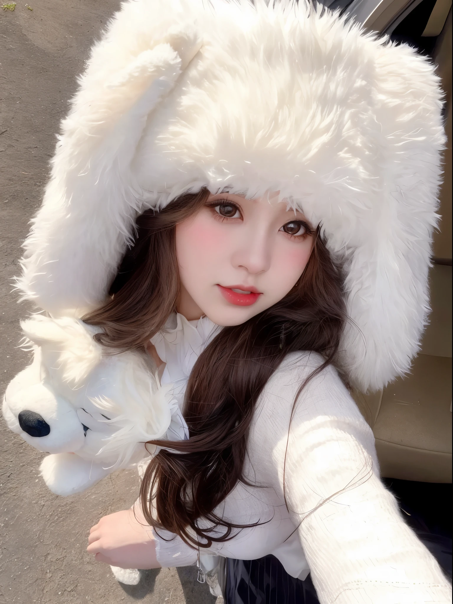 Arafed girl in a white hat holding a teddy bear., con orejas de conejo largas y flexibles, con grandes orejas de conejo, dilraba dilmurat, ulzzang, Dulce conejita ultrarrealista, Sakimichan, con orejas de conejo, Orejas de zorro blanco, con pelaje blanco y esponjoso, con orejas de conejo, con un lindo sombrero, Hermosa Delphine