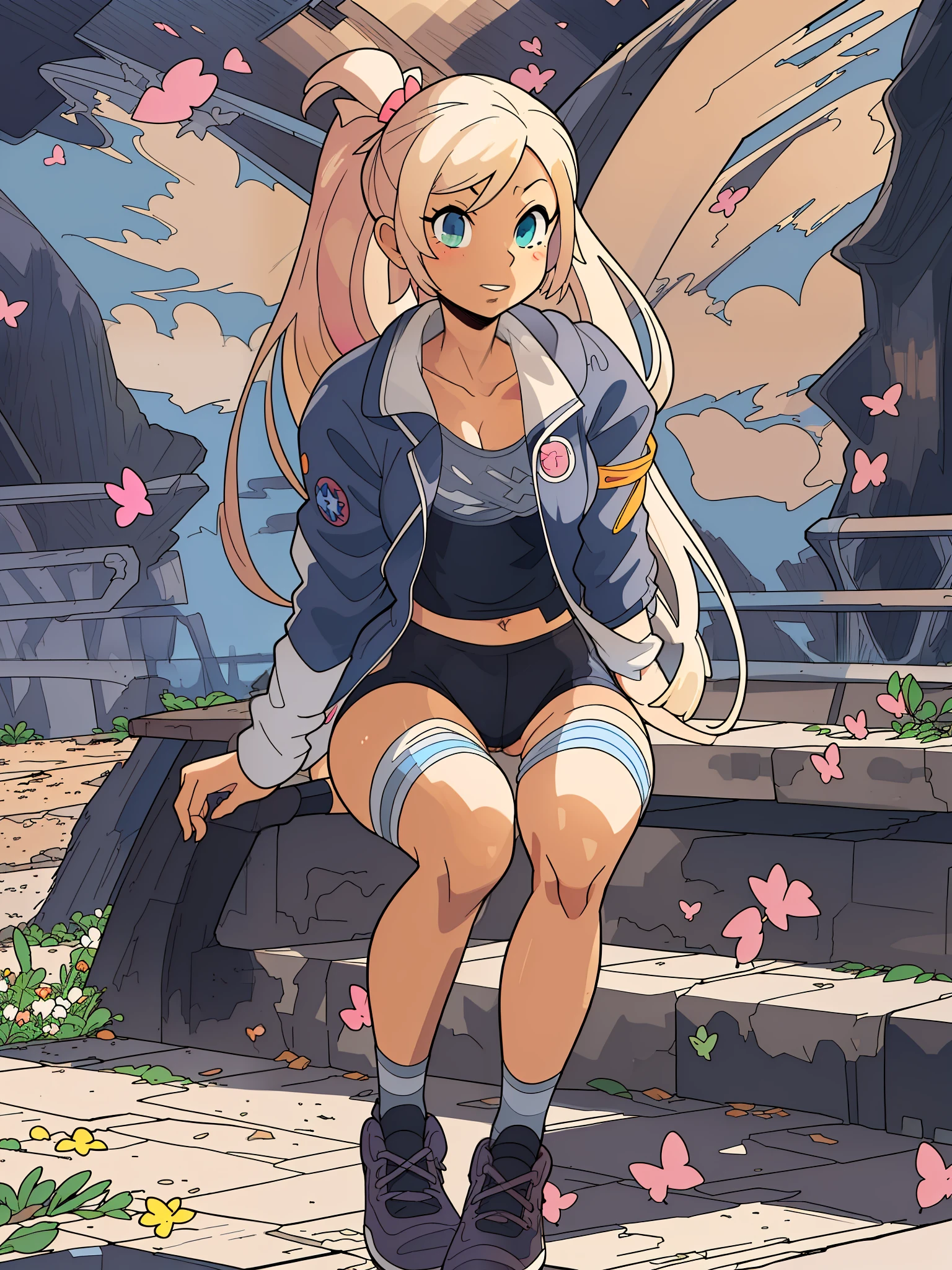 GameGirl , (blonde ponytail) with pink streak highlights, 80's anime style, (flat chest),  thighs, hips, small waist,  park bench, biker shorts,  cloudy day, near train tracks, bike rack, weak wilted plants, cracks in sidewalk, butterflies and daisies, sunlight shining on character, ass