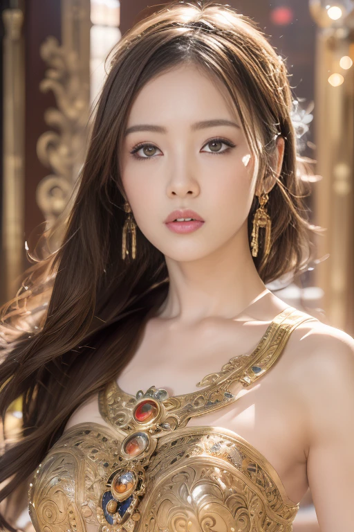 (masterpiece, ultra quality, high-res, 10, intricate: 1.2), (detailed face:1.2),so pretty, Detailed skin,Brown hair, pores, Absurd , whimsical, [Show your shoulders.],1 girl,Gold dress, ((Realistic)), good lighting quality, Asian girl, ((pale skin)), balanced eyes,Princess of the Desert