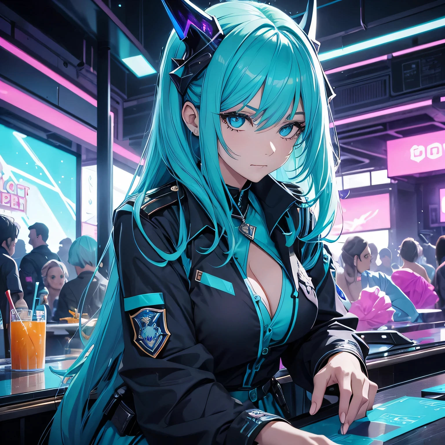 A mature crystal half-dragon adult female with blue crystal horns, long blue-green messy hair, e olhos turquesa brilhantes, sits with a sweet expression on the edge of a table. She is dressed in a police officer costume with her badge on the left side of her chest. She is wearing a light blue shirt and a black skirt. The scene takes place in a vibrant cyberpunk party setting, pulsando com luzes neon e elementos futuristas