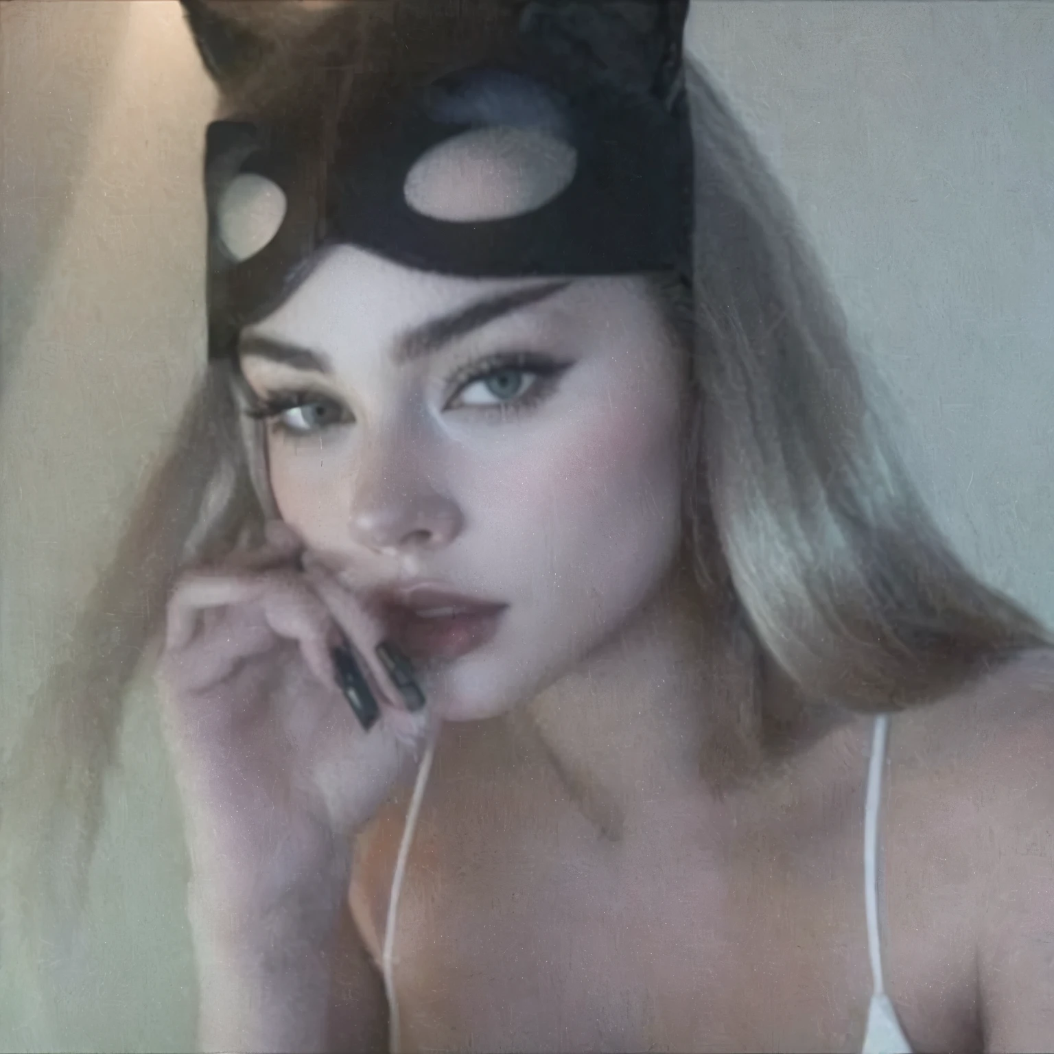a close-up of a woman wearing a cat mask and talking on her cell phone, Mulher do gato, kylie jenner as Mulher-Gato, doja cat as Mulher do gato, Mulher-Gato, margot robbie as Mulher do gato, Ela parece uma mistura de Grimes, gatinha, menina do gato, Selina, margot robbie as Mulher-Gato, attractive menina do gato, Cerveja Soft Devil Queen Madison, orelhas de gato