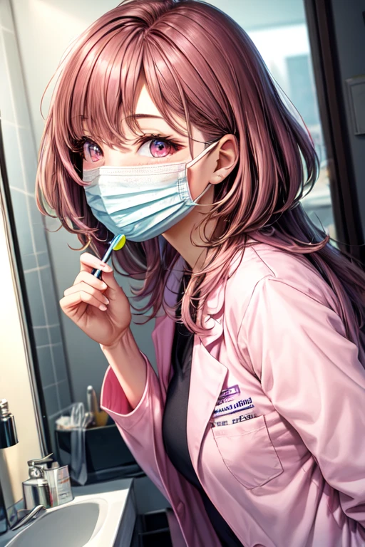 Dental Hygienist　Pink lab coat　I have a toothbrush　Beautie　Hair color is brown　the mask is pink　From an angle　Mask Pink　ren　eyes large　dual
