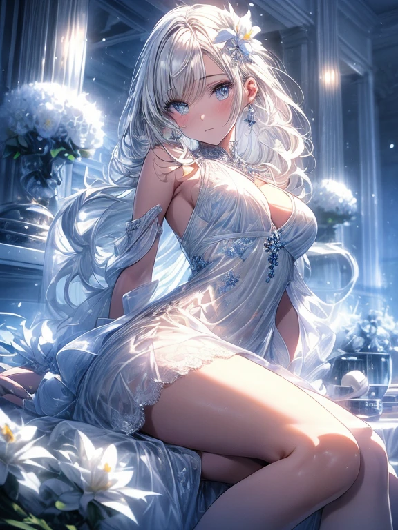 Paradise in Heaven, White lighting,(masutepiece), (Best Quality), (Cinematic), 8K, (art  stations), Li Yue painting style.(長いWhite hairとSilvery eyesを持つ1人の女), (Beautiful delicate face)、[ Particle Lou Full Moon] [Frozen trees々] [landscape crystal] [Lighting] [Ethereal Atmosphere]:1.1] [Fantasy, short story] [soft Lighting] [+Cinematic shot]:1.2 [+art  stations] [+luminous white background] [+soft Lighting] [soft glow] [Creative and dynamic angles]:1.3, [+Crystal Toning] 、masutepiece, ighly detailed, Ultra-detailed, Solo, (pale skin), Silvery eyes, White hair, (snowy background), (snowflake rosen flower:1.0), (shining crystal),, (Snowy ground), (White lashes), Female sexy、dreamy and detailed, Gorgeous setting, 妖しい雰囲気 masutepiece, The most beautiful scenes, An majestic、(((full of white flowers)))、quiet and serene atmosphere、A charming, all white tones,Inside the crystal library,Transparent flowers and falling snow，Many white roses are planted,(flowingwater,falls,water bloom),The decoration is also carefully done.,Dreamy（ighly detailedです，Creative Design，crisp and precise lines，K HD，best qualtiy，tmasterpiece，超hight resolution，4K）、Diverse poses、((beautiful white flower hair ornament))、Beautiful hairstyle、(Best Quality, 4K, 8K, hight resolution, masutepiece:1.2), Ultra-detailed, Detailed expression, Graceful posture, expressive brush strokes, mystic atmosphere, artistic interpretation,Delicate floral jewelry， (((Detailed design、Beautiful lace translucent dress、see-through small dress)))、(SFW:1.5), (Oversized breasts, best body proportions, proportions of large breasts,:1.5),(white decoration on thigh)、((Beautiful crystal accessories on the legs))。((Beautiful crystal accessories on the arm))、(((Design with a wide open chest)))