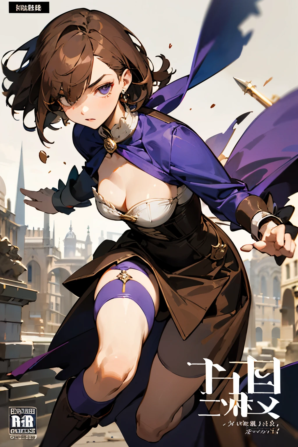 ((best quality)), ((masterpiece)), (detailed), 1girl, 
((((short brown hair which covers her right eye)))), ((ATTACK POSE)), (((CLOSSED BODY))), dangling earrings, sparkle eyes, serious expression, depicted with a long white fur stole 

associated color is purple, (((full-length dress with purple long sleeves looser at the ends with ruffled cuffs))), have neckline dips most of the way down her chest and tucks into a brown leather bodice, cut low on the back, though not as extreme, split up the left side, revealing most of her leg, wears stockings with ruffled garters, which themselves seem to be specially modified to hold at least one dagger, and tall, dark brown, heeled boots, 

subject hold dagger with the attack pose, (((ancient European city background)))