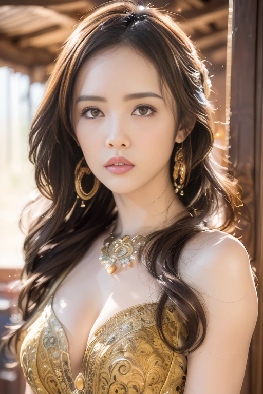 (masterpiece, ultra quality, high-res, 10, intricate: 1.2), (detailed face:1.2),so pretty, Detailed skin,Brown hair, pores, Absurd , whimsical, [Show your shoulders.],1 girl,Gold dress, ((Realistic)), good lighting quality, Asian girl, ((pale skin)), balanced eyes,Princess of the Desert,  full body shot