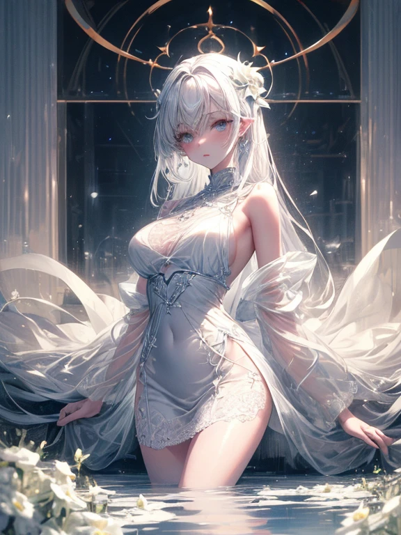 Paradise in Heaven, White lighting,(masutepiece), (Best Quality), (Cinematic), 8K, (art  stations), Li Yue painting style.(長いWhite hairとSilvery eyesを持つ1人の女), (Beautiful delicate face)、[ Particle Lou Full Moon] [Frozen trees々] [landscape crystal] [Lighting] [Ethereal Atmosphere]:1.1] [Fantasy, short story] [soft Lighting] [+Cinematic shot]:1.2 [+art  stations] [+luminous white background] [+soft Lighting] [soft glow] [Creative and dynamic angles]:1.3, [+Crystal Toning] 、masutepiece, ighly detailed, Ultra-detailed, Solo, (pale skin), Silvery eyes, White hair, (snowy background), (snowflake rosen flower:1.0), (shining crystal),, (Snowy ground), (White lashes), Female sexy、dreamy and detailed, Gorgeous setting, 妖しい雰囲気 masutepiece, The most beautiful scenes, An majestic、(((full of white flowers)))、quiet and serene atmosphere、A charming, all white tones,Inside the crystal library,Transparent flowers and falling snow，Many white roses are planted,(flowingwater,falls,water bloom),The decoration is also carefully done.,Dreamy（ighly detailedです，Creative Design，crisp and precise lines，K HD，best qualtiy，tmasterpiece，超hight resolution，4K）、Diverse poses、((beautiful white flower hair ornament))、Beautiful hairstyle、(Best Quality, 4K, 8K, hight resolution, masutepiece:1.2), Ultra-detailed, Detailed expression, Graceful posture, expressive brush strokes, mystic atmosphere, artistic interpretation,Delicate floral jewelry， (((Detailed design、Beautiful lace translucent dress、see-through small dress)))、(SFW:1.5), (Oversized breasts, best body proportions, proportions of large breasts,:1.5),(white decoration on thigh)、((Beautiful crystal accessories on the legs))。((Beautiful crystal accessories on the arm))、(((Design with a wide open chest)))