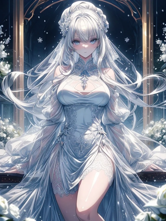 Paradise in Heaven, white light naste piece), (Best Quality), (Cinematic), 8K, (art  stations), Li Yue&#39;s style of painting.(長いWhite hairとSilvery eyesを持つ1人の女), (Beautiful delicate face)、[ particle roux full moon] [Frozen trees々] [landscape crystal] [Lighting] [Ethereal Atmosphere]:1.1] [Fantasy, short story] [soft Lighting] [+Cinematic shot]:1.2 [+art  stations] [+Light white background] [+soft Lighting] [soft glow] [Creative and dynamic angles]:1.3, [+crystal tonina steppiece, ighly detailed, Ultra-detailed, Solo, (pale skin), Silvery eyes, White hair, (snowy background), (snowflake rose flower:1.0), (shining crystals),, (Snowy ground), (sexy white lacy mail、dreamy and detailed, Gorgeous settings, 妖しい雰囲気 masutepiece, The most beautiful scenes, An majestic、(((Filled with white flowers)))、quiet and serene atmosphere、A charming, all white tones,Inside the crystal library,Transparent flowers and falling snow，Many white roses are planted,(flowingwater,falls,water bloom),The decoration is also carefully finished..,Dreamy（ighly detailedです，Creative Design，crisp and precise lines，K HD，best qualtiy，tmasterpiece，超hight resolution，4K）、Beautiful white flower hair ornament in diverse poses))、Beautiful hairstyle、(Best Quality, 4K, 8K, hight resolution, masutepiece:1.2), Ultra-detailed, Detailed expression, Graceful posture, expressive brush strokes, mystic atmosphere, artistic interpretation,Delicate floral jewelry， (((Detailed design、Beautiful dress with sheer lace、see-through little dress)))、(SFW:1.5), (Oversized breasts, best body proportions, The proportion of large breasts,:1.5),(Regular crystal accessories on the arms are decorated in white。))、(((Design with wide open chest)))