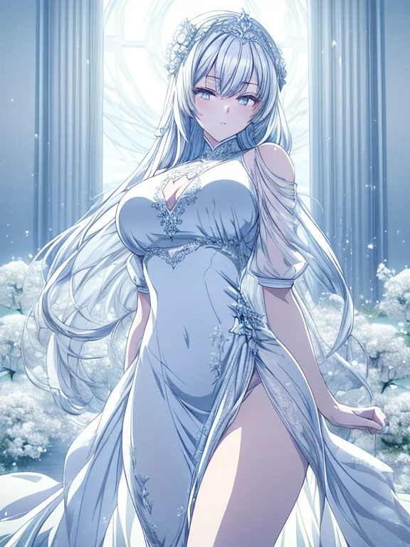 ((masterpiece)), (Highest quality), (Simple style), Silver hair, long hair, blue eyes, heaven, naked, one-piece dress, cleavage, no underwear