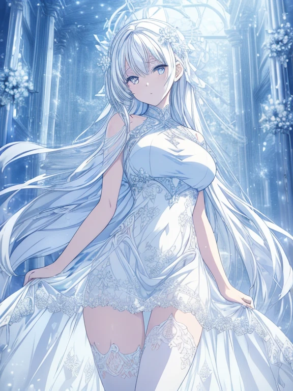 Paradise in Heaven, White lighting,(masutepiece), (Best Quality), (Cinematic), 8K, (art  stations), Li Yue painting style.(長いWhite hairとSilvery eyesを持つ1人の女), (Beautiful delicate face)、[ Particle Lou Full Moon] [Frozen trees々] [landscape crystal] [Lighting] [Ethereal Atmosphere]:1.1] [Fantasy, short story] [soft Lighting] [+Cinematic shot]:1.2 [+art  stations] [+luminous white background] [+soft Lighting] [soft glow] [Creative and dynamic angles]:1.3, [+Crystal Toning] 、masutepiece, ighly detailed, Ultra-detailed, Solo, (pale skin), Silvery eyes, White hair, (snowy background), (snowflake rosen flower:1.0), (shining crystal),, (Snowy ground), (White lashes), Female sexy、dreamy and detailed, Gorgeous setting, 妖しい雰囲気 masutepiece, The most beautiful scenes, An majestic、(((full of white flowers)))、quiet and serene atmosphere、A charming, all white tones,Inside the crystal library,Transparent flowers and falling snow，Many white roses are planted,(flowingwater,falls,water bloom),The decoration is also carefully done.,Dreamy（ighly detailedです，Creative Design，crisp and precise lines，K HD，best qualtiy，tmasterpiece，超hight resolution，4K）、Diverse poses、((beautiful white flower hair ornament))、Beautiful hairstyle、(Best Quality, 4K, 8K, hight resolution, masutepiece:1.2), Ultra-detailed, Detailed expression, Graceful posture, expressive brush strokes, mystic atmosphere, artistic interpretation,Delicate floral jewelry， (((Detailed design、Beautiful lace translucent dress、see-through small dress)))、(SFW:1.5), (Oversized breasts, best body proportions, proportions of large breasts,:1.5),(white decoration on thigh)、((Beautiful crystal accessories on the legs))。((Beautiful crystal accessories on the arm))、(((Design with a wide open chest)))