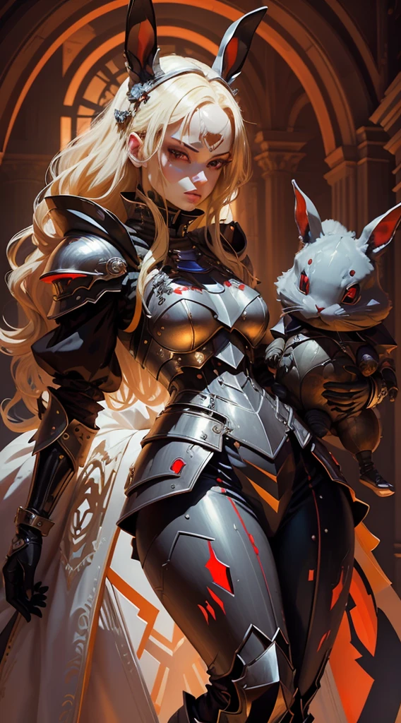 Create a captivating female android character with an elegant bunny style. With blonde hair, purple eyes, The armor, in a subtle shade of gray, features on the chest a striking red circle with a bold colored letter D. black. The square-shaped shoulder pads add a touch of robustness to its presence, while the waist is adorned with a shiny gold band, highlighting its elegance. The forearms incorporate retractable blades, providing an element of controlled danger. The face, divided in two, reveals on the left half an enigmatic rabbit mask, meticulously crafted in metal, with a red lens that intensifies its mysterious gaze. The combination of these elements creates a unique character that fuses grace, strength and a touch of mystery.