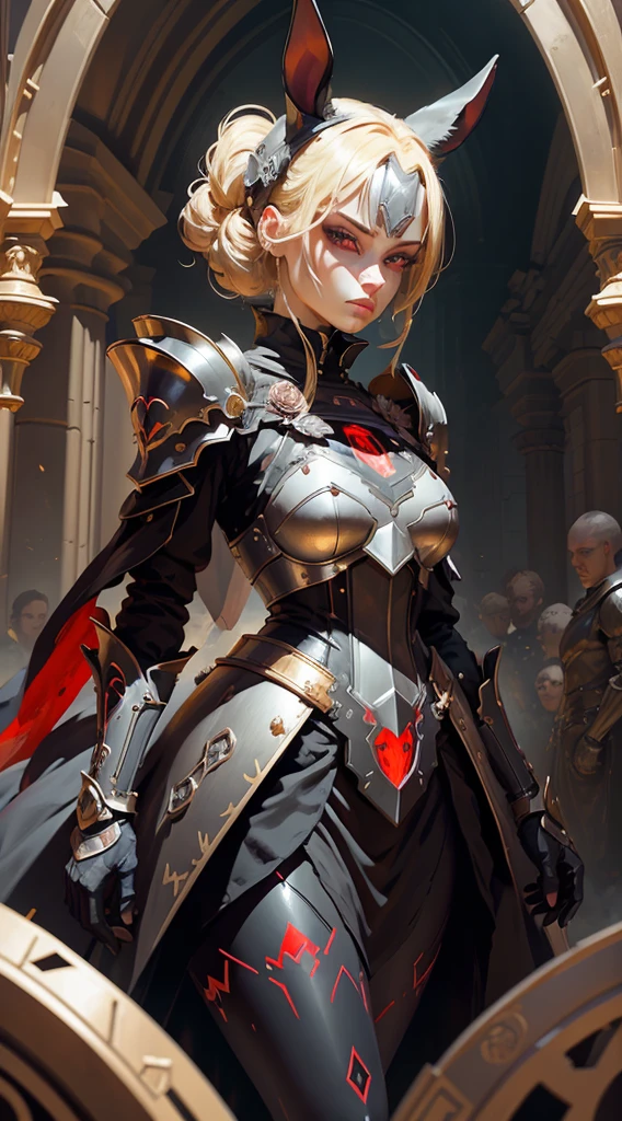 Create a captivating female android character with an elegant bunny style. With blonde hair, purple eyes, The armor, in a subtle shade of gray, features on the chest a striking red circle with a bold colored letter D. black. The square-shaped shoulder pads add a touch of robustness to its presence, while the waist is adorned with a shiny gold band, highlighting its elegance. The forearms incorporate retractable blades, providing an element of controlled danger. The face, divided in two, reveals on the left half an enigmatic rabbit mask, meticulously crafted in metal, with a red lens that intensifies its mysterious gaze. The combination of these elements creates a unique character that fuses grace, strength and a touch of mystery.