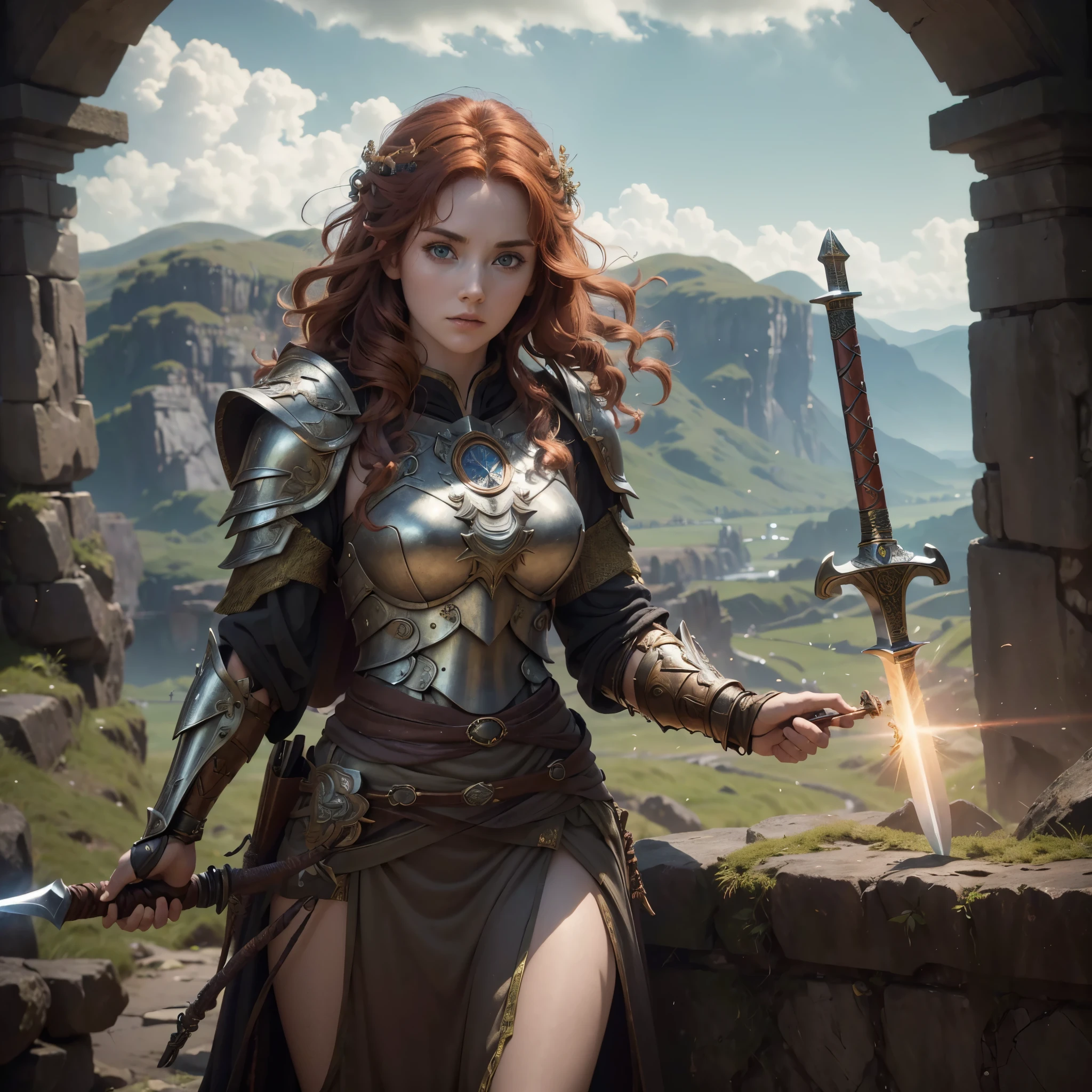 (best quality,4k,8k,highres,masterpiece:1.2),ultra-detailed, 1woman, Irish goddess Brigid, Auburn hair, Iron armor over druid robes, forging a sword, determined eyes, drawn in the style of Yoshitaka Amano, sks woman, HDR, 8k, absurdres, cinestill 800, sharp focus