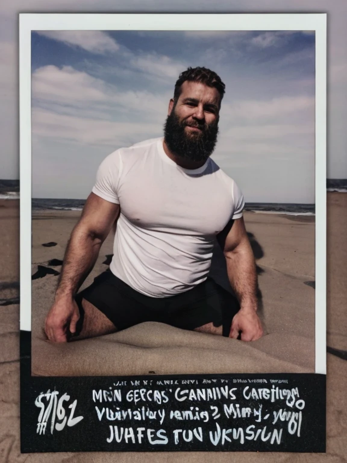 Wide angle, macho hairy beefy handsome man wearing a loose t-shirt, black and white photography, photorealism, canon photography, award winning photo, well built arms, on the beach, by John Singer Sargent, james gurney, justin gerard, john william waterhouse, highly detailed, artstation,