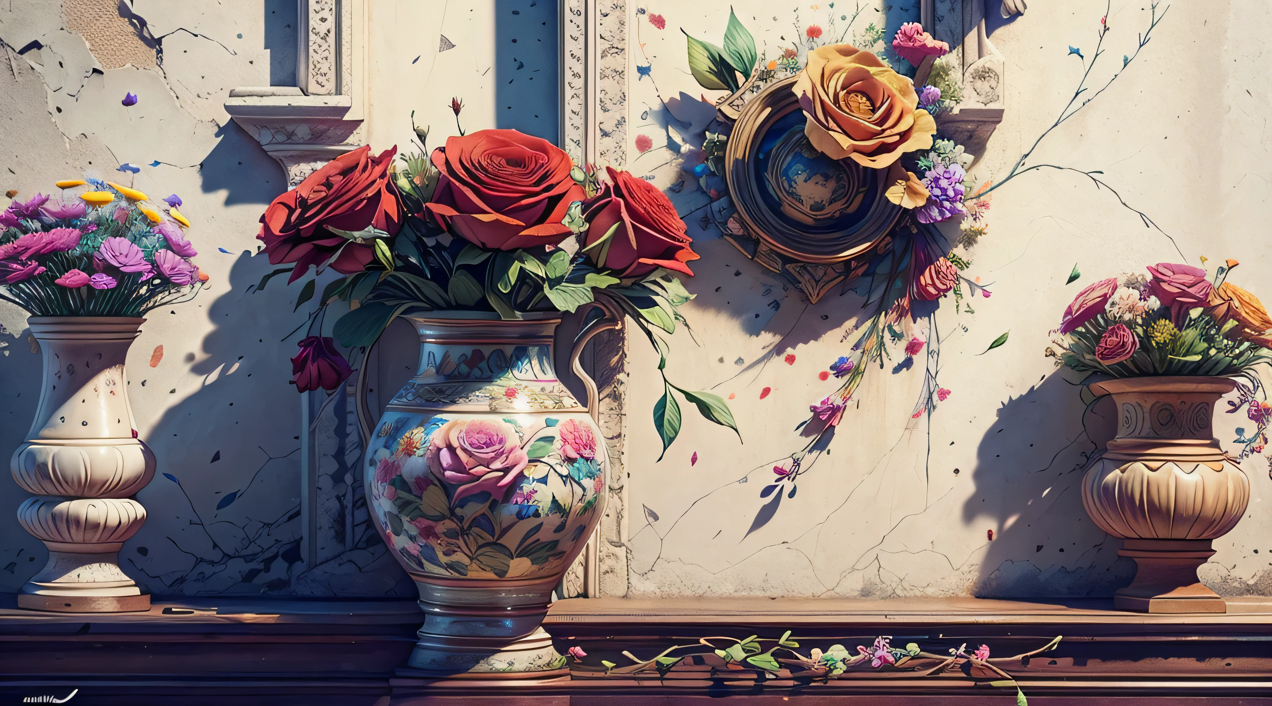 a vase of flowers standing in front of a funky wall studion, graffiti in the back, realistic, (no one), best quality, high details, sharp focus